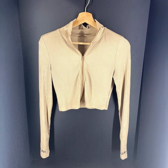 Beige Ribbed Zip-Up Long Sleeve Crop Top With "Lucky" Cuffs - M - Picture 1 of 7